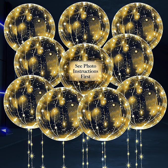 10 Pcs LED Balloons Light Up Balloons for Parties – Clear 18" Balloon with Gold String Lights & Individual Switch – Light ...