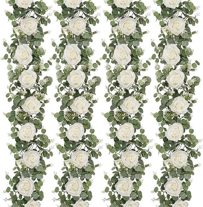Dolicer 4Pcs 26Ft Artificial Eucalyptus Garlands with Flowers - 8 Roses, Faux Floral Greenery Garlands Fake Flowers Vines ...