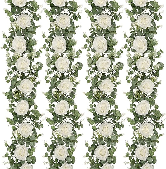 Dolicer 4Pcs 26Ft Artificial Eucalyptus Garlands with Flowers - 8 Roses, Faux Floral Greenery Garlands Fake Flowers Vines ...