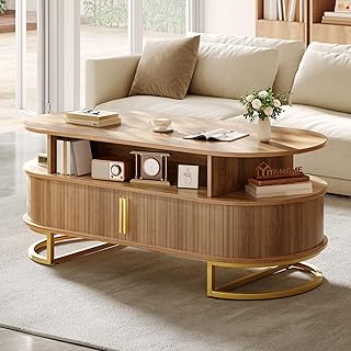 YITAHOME Coffee Table, Coffee Tables for Living Room with Sliding Doors & Large Storage, Modern Wooden Coffee Table with G...