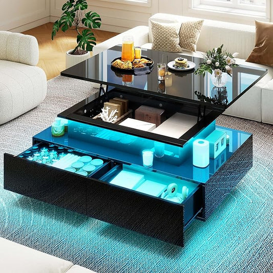 DWVO LED Lift Top Coffee Tables for Living Room, Rectangular Coffee Table with 4 Spacious Drawers, Modern Center Table wit...