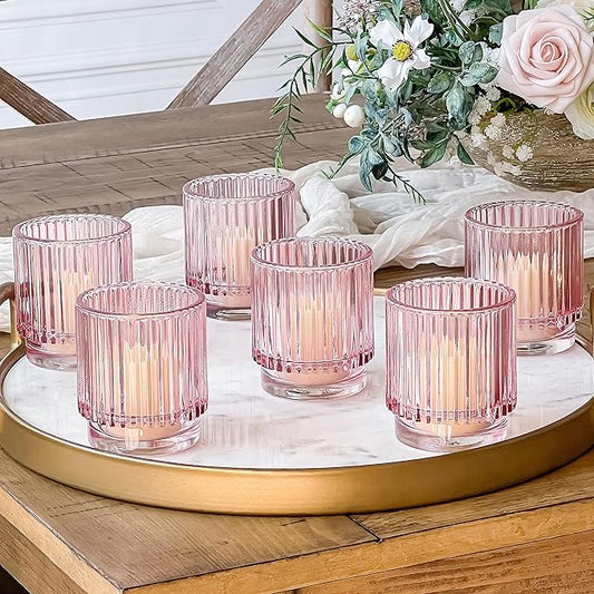 Blush Pink Vintage Ribbed Glass Tealight Votive Candle Holders by Kate Aspen (Set of 6), Pink Decor, Boho Decor, Shelf Dec...