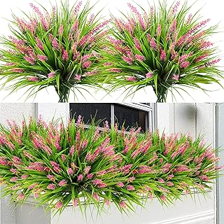 Sggvecsy 12 Bundles Artificial Plants Outdoor Faux Lavender Flowers Fake Monkey Grass UV Resistant Plastic Greenery Plants...